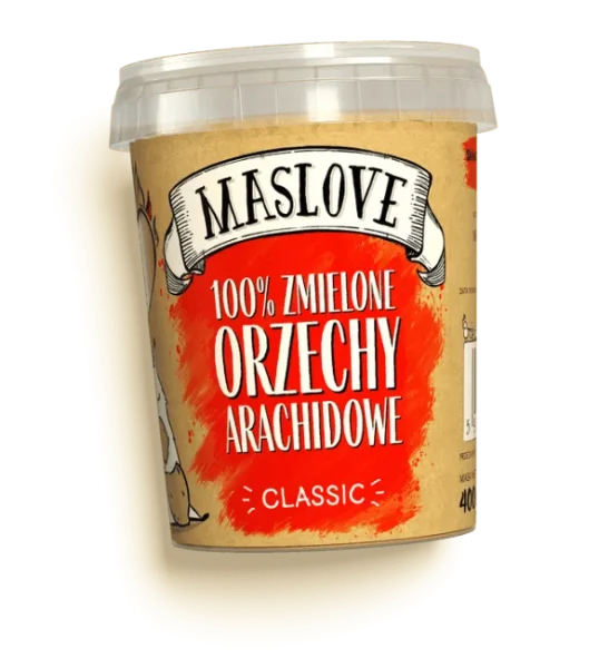 Plastikowe okrągłe opakowanie 100% masła z orzechów arachidowych, classic, o gramaturze 400g, producenta Maslove z papierową etykietą zawierającą nazwę produktu, gramaturę oraz rysunkową wiewiórkę. Produkt certyfikowany wegański i bezglutenowy.