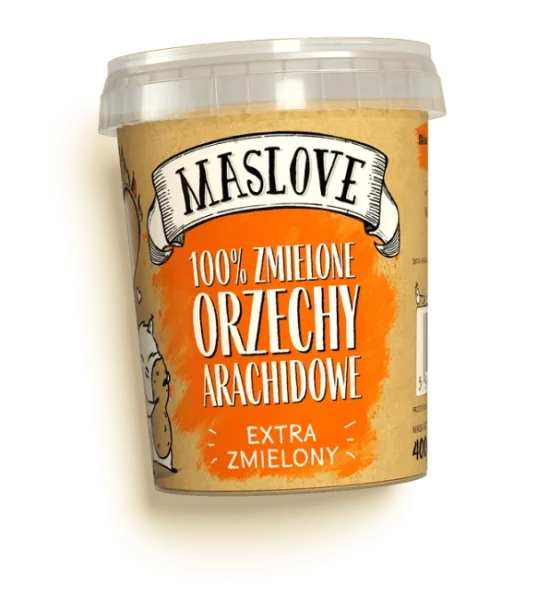 Plastikowe okrągłe opakowanie 100% masła z orzechów arachidowych, gładkie, o gramaturze 400g, producenta Maslove z papierową etykietą zawierającą nazwę produktu, gramaturę oraz rysunkową wiewiórkę. Produkt certyfikowany wegański i bezglutenowy.