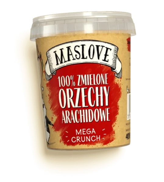 Plastikowe okrągłe opakowanie 100% masła z orzechów arachidowych, crunchy, o gramaturze 400g, producenta Maslove z papierową etykietą zawierającą nazwę produktu, gramaturę oraz rysunkową wiewiórkę. Produkt certyfikowany wegański i bezglutenowy.