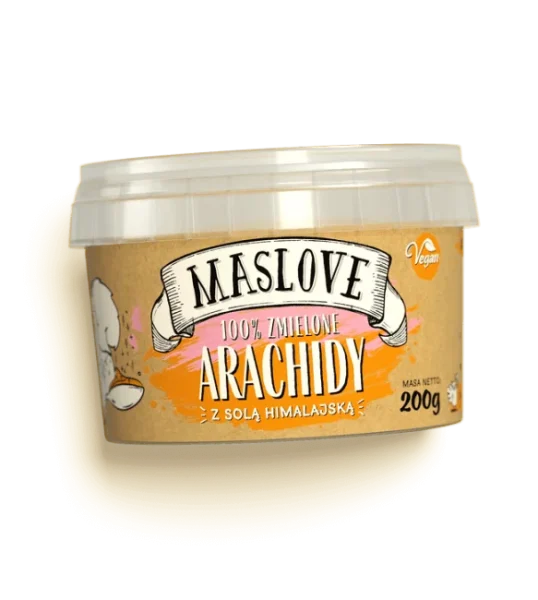 Plastikowe okrągłe opakowanie 100% masła z orzechów arachidowych z dodatkiem soli himalajskiej, o gładkiej konsystencji, o gramaturze 200g, producenta Maslove z papierową etykietą zawierającą nazwę produktu, gramaturę oraz rysunkową wiewiórkę. Produkt certyfikowany wegański i bezglutenowy.