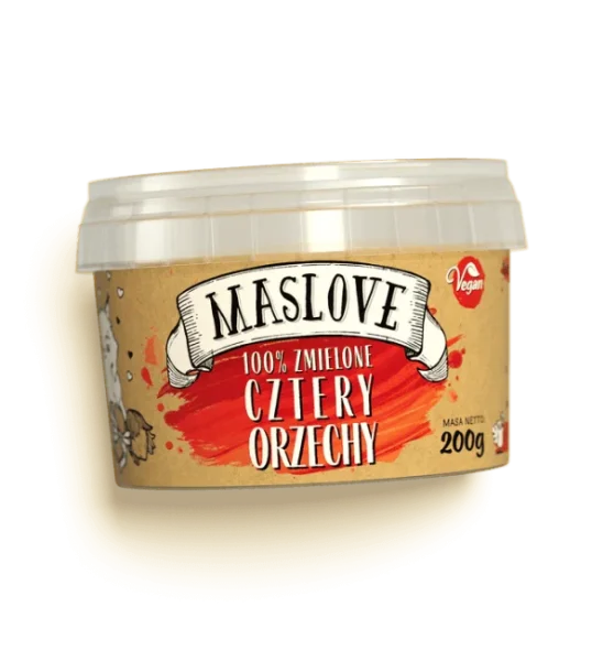 Plastikowe okrągłe opakowanie 100% masła z czterech orzechów takich jak laskowy, nerkowiec, migdał, arachid, classic, o gramaturze 200g, producenta Maslove z papierową etykietą zawierającą nazwę produktu, gramaturę oraz rysunkową wiewiórkę. Produkt certyfikowany wegański i bezglutenowy.