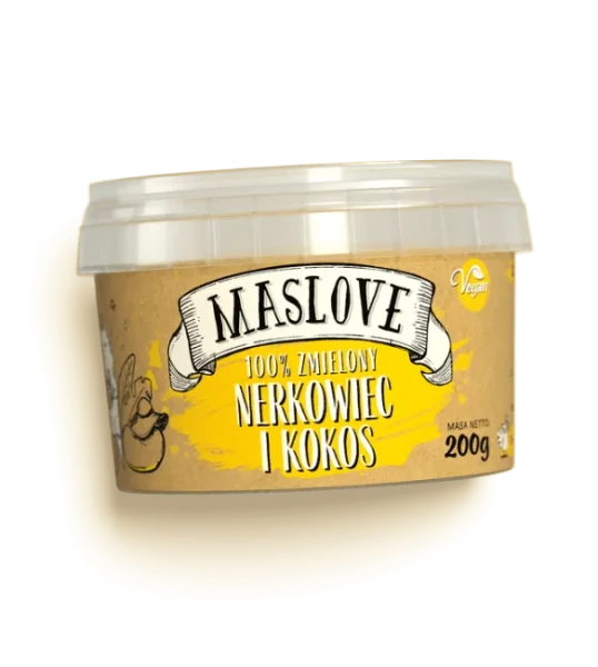 Plastikowe okrągłe opakowanie 100% masła z orzechów nerkowca i kokosa, classic, o gramaturze 200g, producenta Maslove z papierową etykietą zawierającą nazwę produktu, gramaturę oraz rysunkową wiewiórkę. Produkt certyfikowany wegański i bezglutenowy.