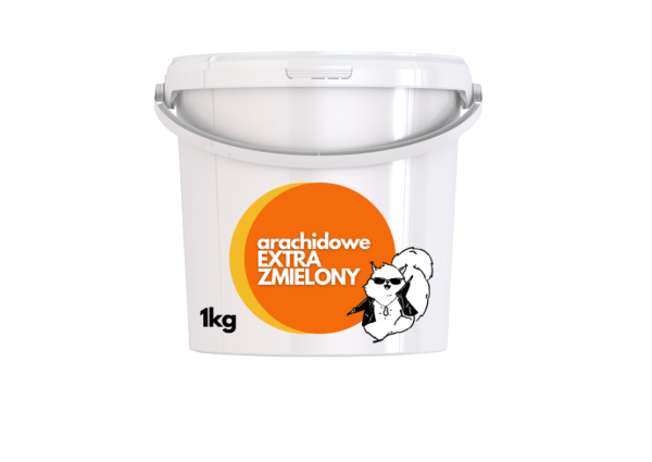 Białe okrągłe wiadro o pojemności 1 kg z etykietą, na której widnieje nazwa firmy Maslove, gramatura oraz informacja o 100% paście z orzechów arachidowych, gładkej, przeznaczonej do zastosowań gastronomicznych