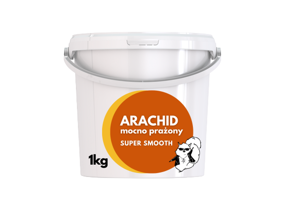 Białe okrągłe wiadro o pojemności 1 kg z etykietą, na której widnieje nazwa firmy Maslove, gramatura oraz informacja o 100% paście z mocno prażonych arachidów w wersji bardzo gładkiej, przeznaczonej do zastosowań gastronomicznych