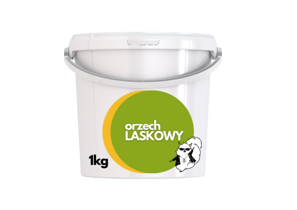 Białe okrągłe wiadro o pojemności 1 kg z etykietą, na której widnieje nazwa firmy Maslove, gramatura oraz informacja o 100% paście z orzechów laskowych, przeznaczonej do zastosowań gastronomicznych.