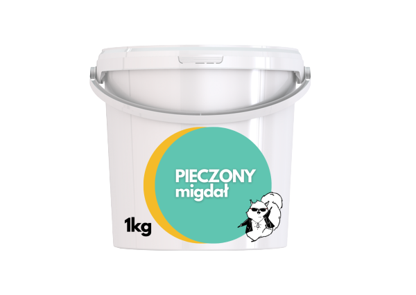 Białe okrągłe wiadro o pojemności 1 kg z etykietą, na której widnieje nazwa firmy Maslove, gramatura oraz informacja o 100% paście z pieczonych migdałów, przeznaczonej do zastosowań gastronomicznych.