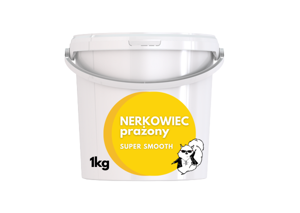 Białe okrągłe wiadro o pojemności 1 kg z etykietą, na której widnieje nazwa firmy Maslove, gramatura oraz informacja o 100% paście z orzechów nerkowca bardzo gładkiej, przeznaczonej do zastosowań gastronomicznych.