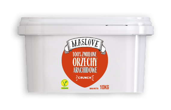 Białe prostokątne wiadro o pojemności 10 kg z etykietą, na której widnieje nazwa firmy Maslove, gramatura oraz informacja o 100% paście z arachidów, crunch, przeznaczonej do zastosowań gastronomicznych.