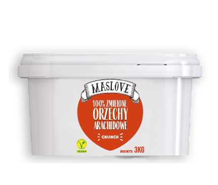Białe okrągłe wiadro o pojemności 1 kg z etykietą, na której widnieje nazwa firmy Maslove, gramatura oraz informacja o 100% paście z arachidów crunchy, przeznaczonej do zastosowań gastronomicznych.