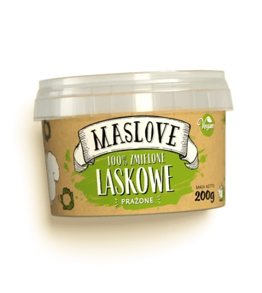 Plastikowe okrągłe opakowanie 100% masła z orzechów laskowych, classic, o gramaturze 200g, producenta Maslove z papierową etykietą zawierającą nazwę produktu, gramaturę oraz rysunkową wiewiórkę. Produkt certyfikowany wegański i bezglutenowy.