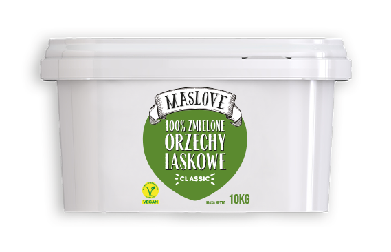 Białe prostokątne wiadro o pojemności 3 kg z etykietą, na której widnieje nazwa firmy Maslove, gramatura oraz informacja o 100% paście z orzechów laskowych, classic, przeznaczonej do zastosowań gastronomicznych.