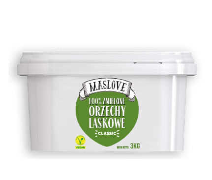 Białe prostokątne wiadro o pojemności 3 kg z etykietą, na której widnieje nazwa firmy Maslove, gramatura oraz informacja o 100% paście z orzechów laskowych, classic, przeznaczonej do zastosowań gastronomicznych.