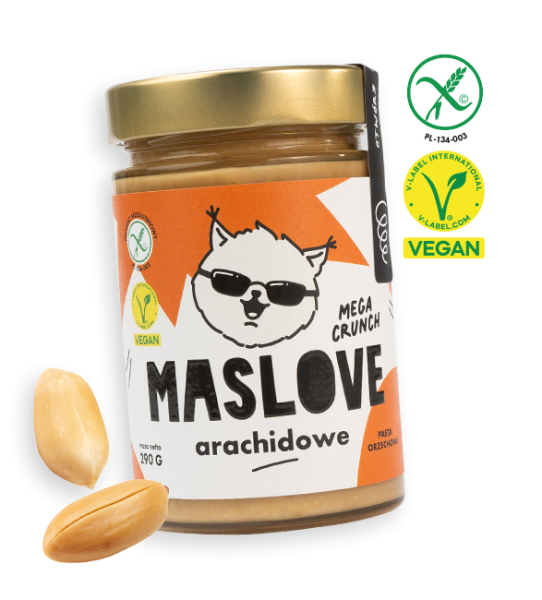 Szklany słoik o pojemności 290 g z masłem arachidowym od Maslove, o konsystencji crunchy. Ozdobione etykietą z nazwą produktu oraz rysunkową wiewiórką w okularach. Produkt objęty certyfikatem wegańskim i bezglutenowym. Przy słoiku widnieje obrazek z orzechem arachidowym.