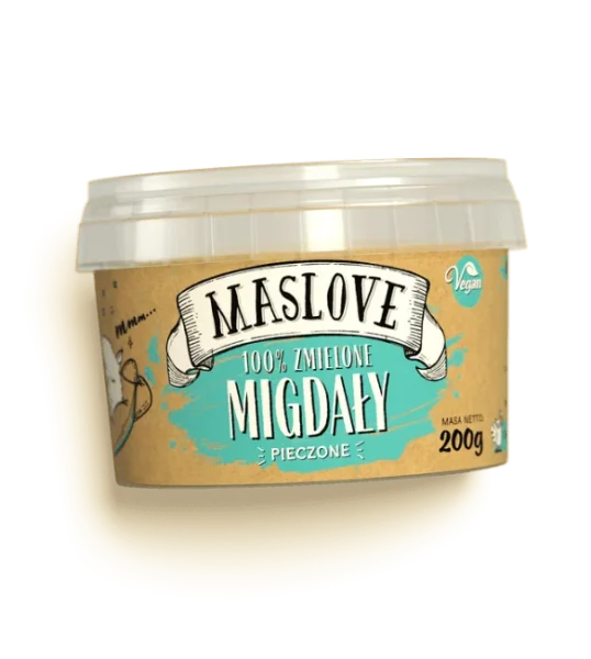 Plastikowe okrągłe opakowanie 100% masła z migdałów, classic, o gramaturze 200g, producenta Maslove z papierową etykietą zawierającą nazwę produktu, gramaturę oraz rysunkową wiewiórkę. Produkt certyfikowany wegański i bezglutenowy.