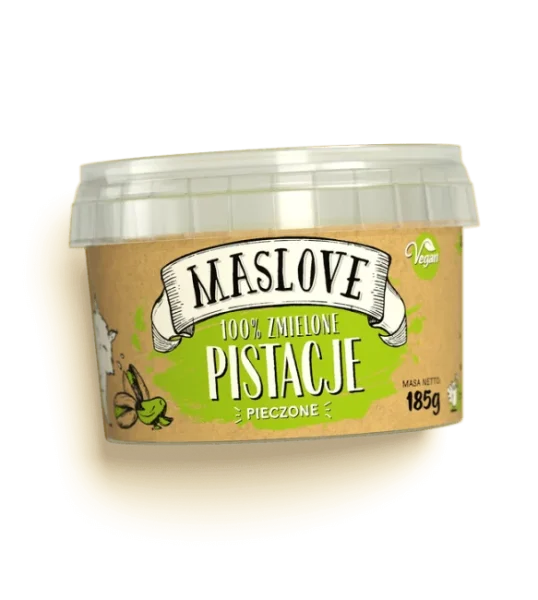 Plastikowe okrągłe opakowanie 100% masła z pistacji, classic, o gramaturze 185g, producenta Maslove z papierową etykietą zawierającą nazwę produktu, gramaturę oraz rysunkową wiewiórkę. Produkt certyfikowany wegański i bezglutenowy.