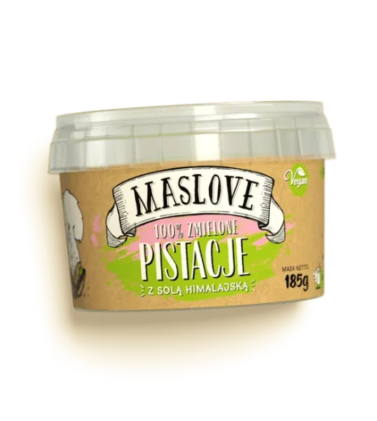 Plastikowe okrągłe opakowanie 100% masła z pistacji z dodatkiem soli himalajskiej, classic, o gramaturze 185g, producenta Maslove z papierową etykietą zawierającą nazwę produktu, gramaturę oraz rysunkową wiewiórkę. Produkt certyfikowany wegański i bezglutenowy.